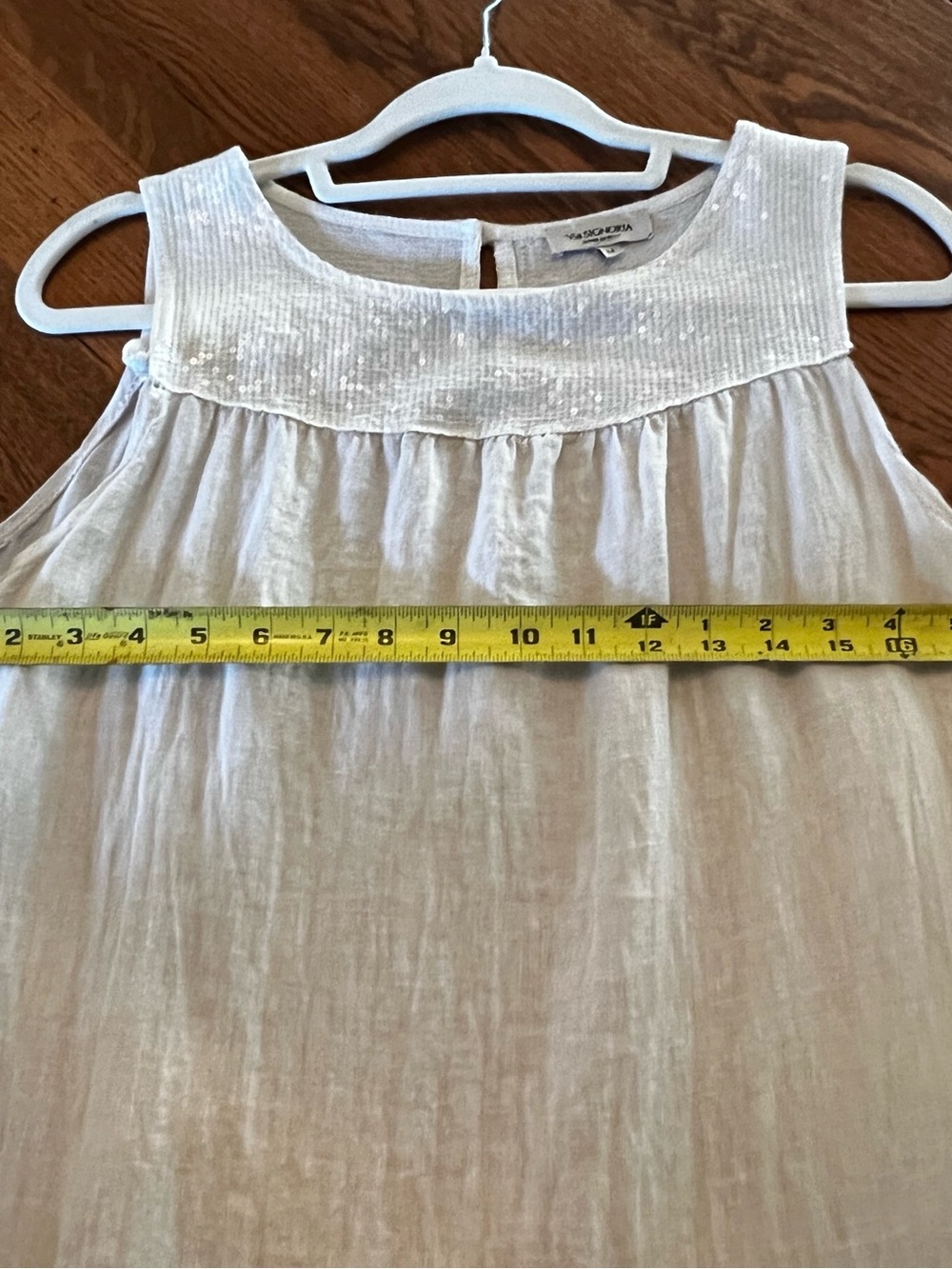 Sleeveless Ivory Sequin Yoke Linen Shift Dress - Picture 8 of 9